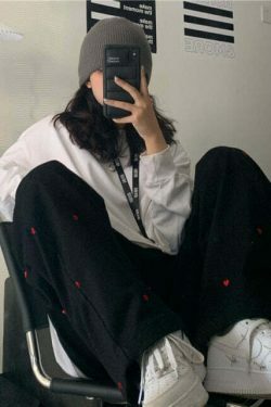 Indie Aesthetic Heart Pattern Wide Leg Pants - Y2K Fashion Grunge Style Cute Tops Cargo