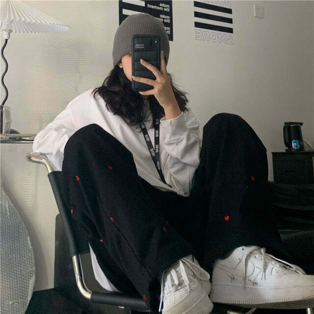 Indie Aesthetic Heart Pattern Wide Leg Pants - Y2K Fashion Grunge Style Cute Tops Cargo Indie Aesthetic Heart Pattern Wide Leg Pants - Y2K Fashion Grunge Style Cute Tops Cargo