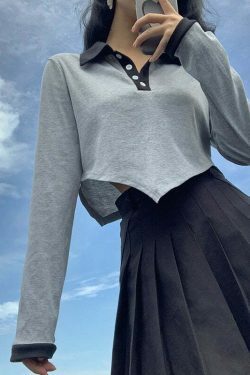 Indie Aesthetic Long Sleeve Gray Crop Top with Irregular Waist Detail