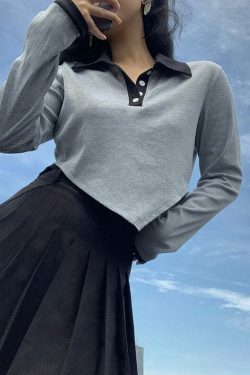 Indie Aesthetic Long Sleeve Gray Crop Top with Irregular Waist Detail