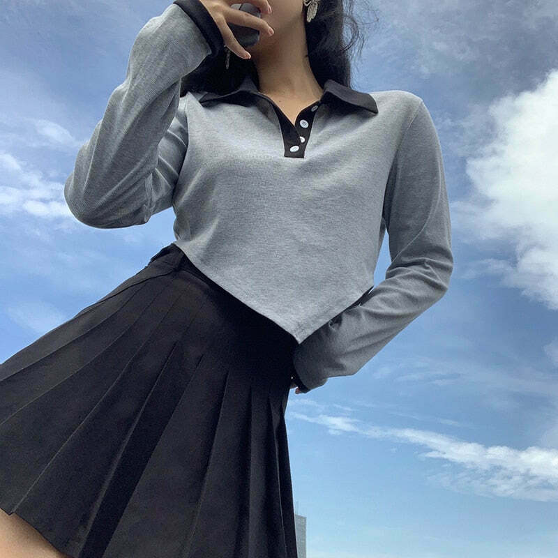 Indie Aesthetic Long Sleeve Gray Crop Top with Irregular Waist Detail Indie Aesthetic Long Sleeve Gray Crop Top with Irregular Waist Detail