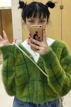 Indie Girl Green Cropped Sweater - Y2K Aesthetic Coquette Style for Women's Fashion