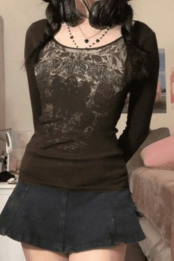 Justice Goth Punk Long Sleeve Tee - Y2K Aesthetic Fashion for Women - Coquette Style Grunge Outfit