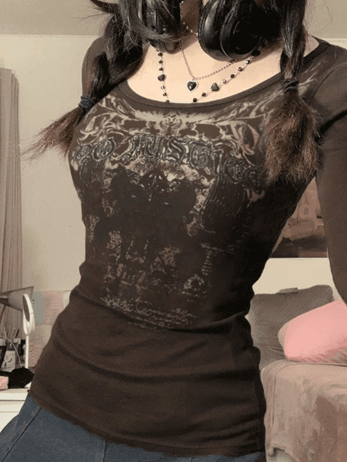 Justice Goth Punk Long Sleeve Tee - Y2K Aesthetic Fashion for Women - Coquette Style Grunge Outfit Justice Goth Punk Long Sleeve Tee - Y2K Aesthetic Fashion for Women - Coquette Style Grunge Outfit