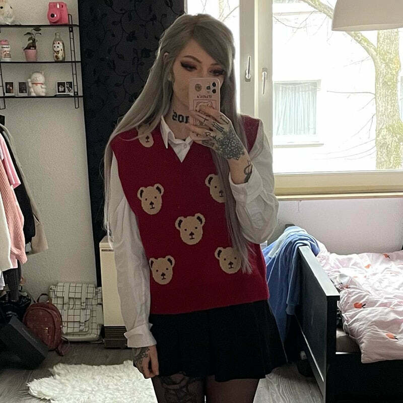 Kare Bear Printed Vest - Y2K Fashion Coquette Aesthetic Grunge Style Cute Tops Pastel Goth Kare Bear Printed Vest - Y2K Fashion Coquette Aesthetic Grunge Style Cute Tops Pastel Goth