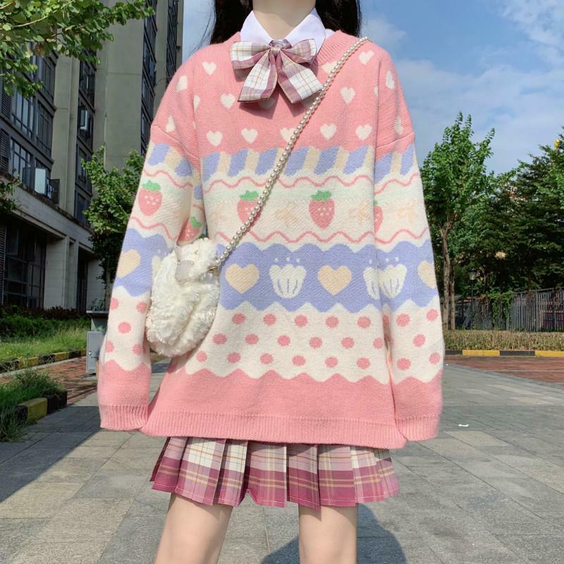 Kawaii Strawberry Sweater: Y2K Fashion with a Cute and Coquette Aesthetic Touch Kawaii Strawberry Sweater: Y2K Fashion with a Cute and Coquette Aesthetic Touch