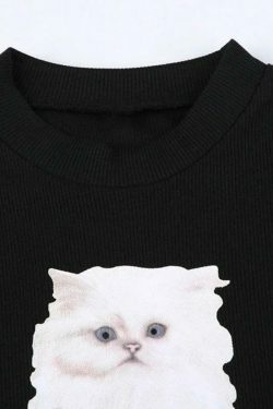 Kitty Print Plush Splice Cropped Long Sleeve Knit - Y2K Aesthetic Women's Fashion