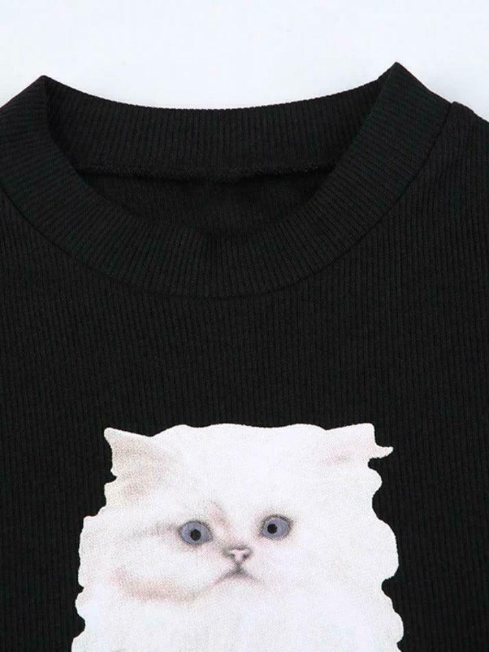 Kitty Print Plush Splice Cropped Long Sleeve Knit - Y2K Aesthetic Women's Fashion Kitty Print Plush Splice Cropped Long Sleeve Knit - Y2K Aesthetic Women's Fashion