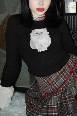 Kitty Print Plush Splice Cropped Long Sleeve Knit - Y2K Aesthetic Women's Fashion