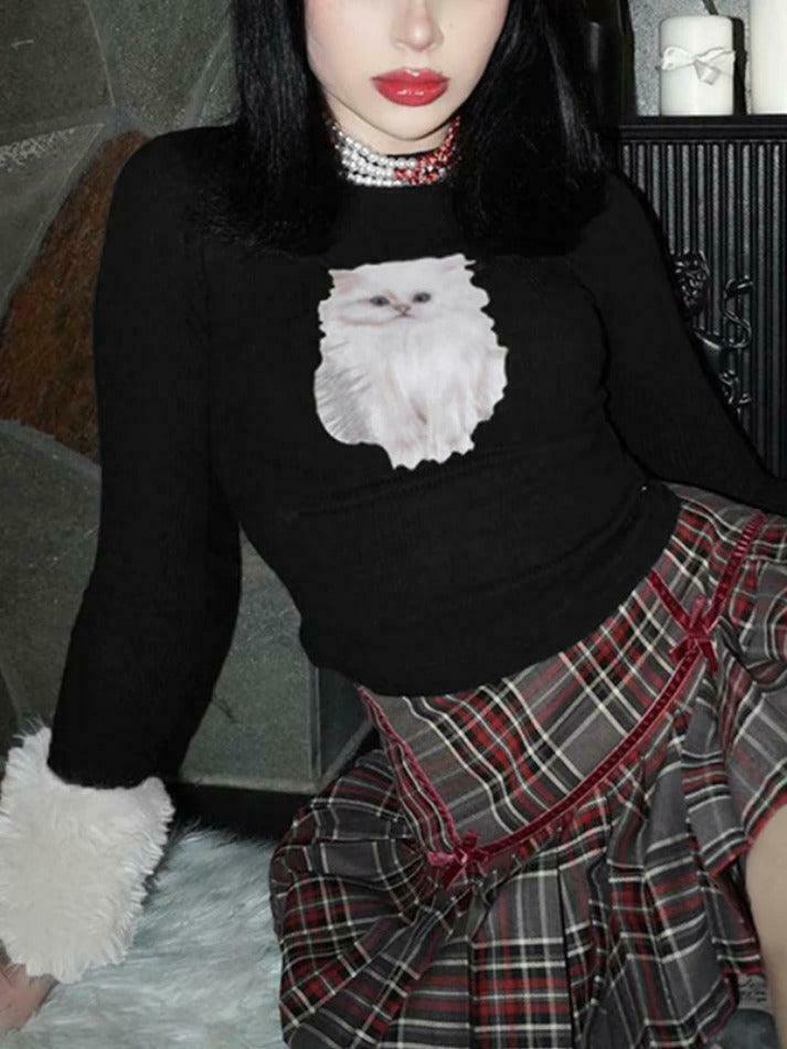 Kitty Print Plush Splice Cropped Long Sleeve Knit - Y2K Aesthetic Women's Fashion Kitty Print Plush Splice Cropped Long Sleeve Knit - Y2K Aesthetic Women's Fashion