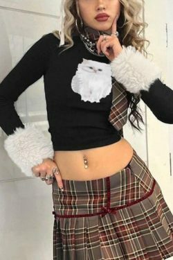 Kitty Print Plush Splice Cropped Long Sleeve Knit - Y2K Aesthetic Women's Fashion