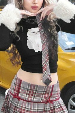 Kitty Print Plush Splice Cropped Long Sleeve Knit - Y2K Aesthetic Women's Fashion