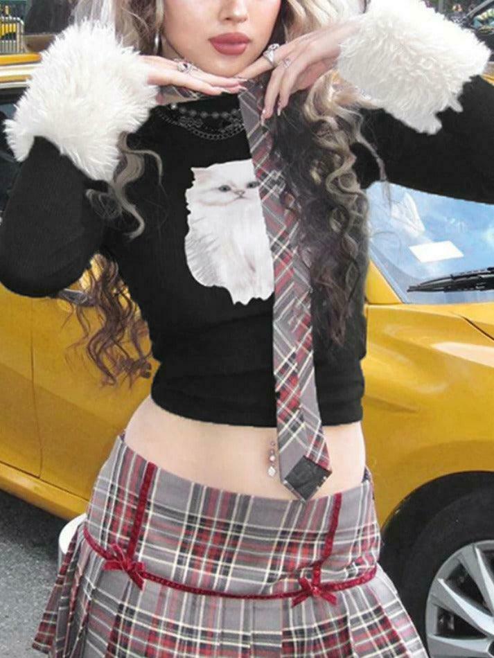 Kitty Print Plush Splice Cropped Long Sleeve Knit - Y2K Aesthetic Women's Fashion Kitty Print Plush Splice Cropped Long Sleeve Knit - Y2K Aesthetic Women's Fashion