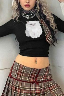 Kitty Print Plush Splice Cropped Long Sleeve Knit - Y2K Aesthetic Women's Fashion