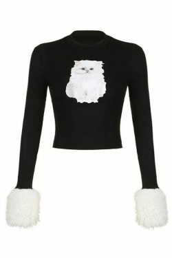 Kitty Print Plush Splice Cropped Long Sleeve Knit - Y2K Aesthetic Women's Fashion