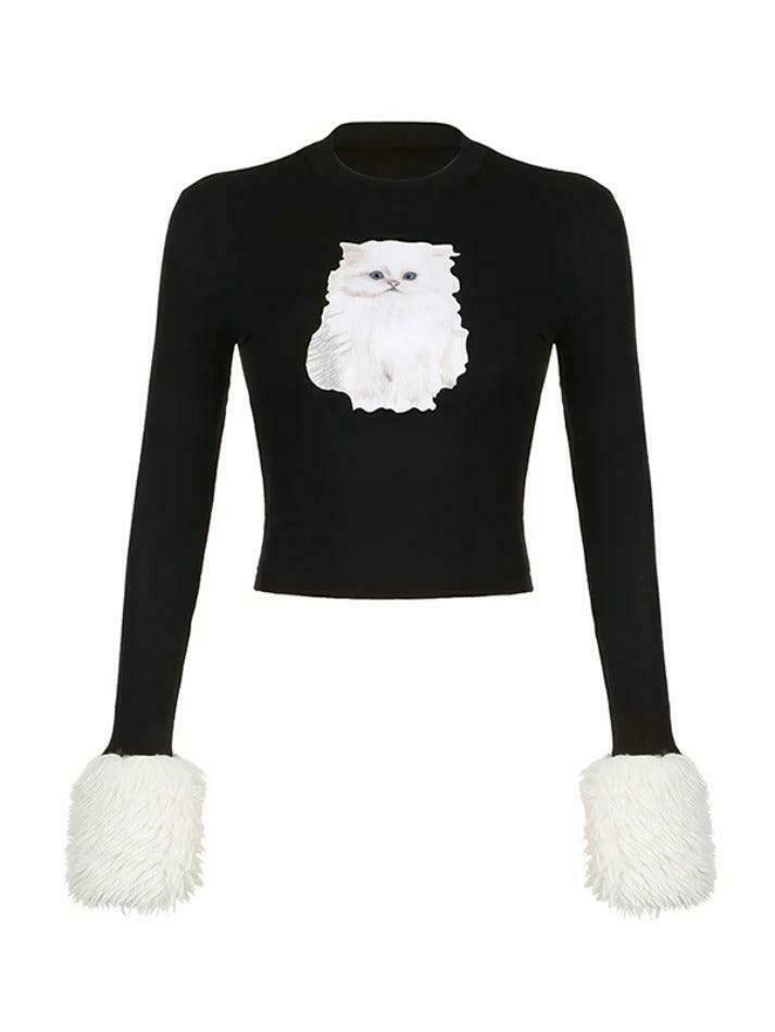 Kitty Print Plush Splice Cropped Long Sleeve Knit - Y2K Aesthetic Women's Fashion Kitty Print Plush Splice Cropped Long Sleeve Knit - Y2K Aesthetic Women's Fashion