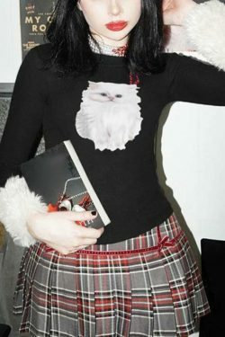 Kitty Print Plush Splice Cropped Long Sleeve Knit - Y2K Aesthetic Women's Fashion