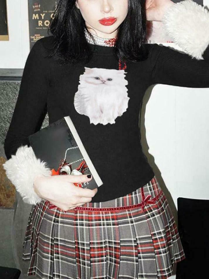 Kitty Print Plush Splice Cropped Long Sleeve Knit - Y2K Aesthetic Women's Fashion Kitty Print Plush Splice Cropped Long Sleeve Knit - Y2K Aesthetic Women's Fashion