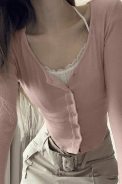 Lace Patchwork Pink Knit Crop Top - Y2K Fashion Aesthetic for Women - Coquette Style Grunge Outfits