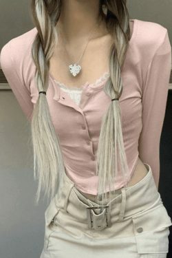 Lace Patchwork Pink Knit Crop Top - Y2K Fashion Aesthetic for Women - Coquette Style Grunge Outfits