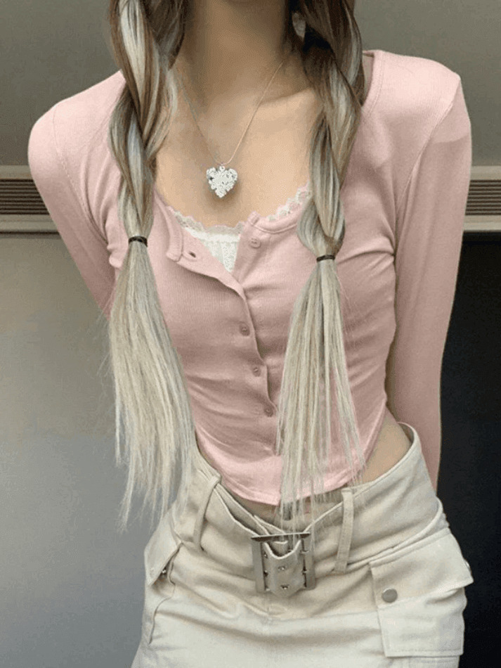 Lace Patchwork Pink Knit Crop Top - Y2K Fashion Aesthetic for Women - Coquette Style Grunge Outfits Lace Patchwork Pink Knit Crop Top - Y2K Fashion Aesthetic for Women - Coquette Style Grunge Outfits