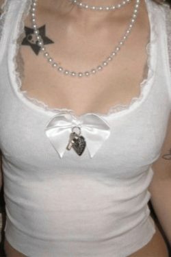 Lace Trim Bow White Tank Top - Y2K Aesthetic Coquette Grunge Pastel Goth