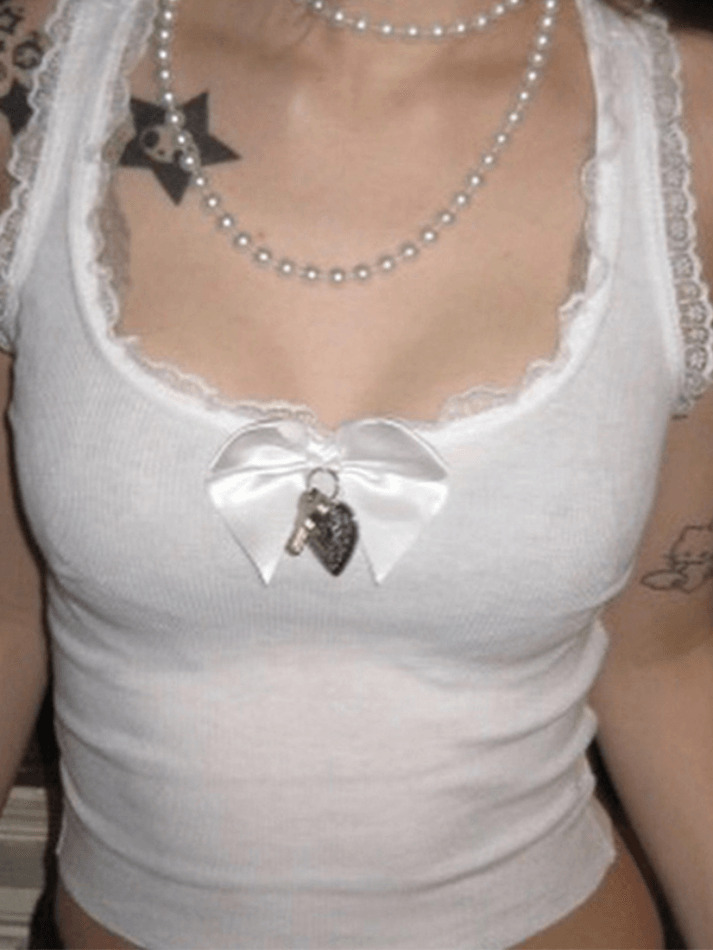 Lace Trim Bow White Tank Top - Y2K Aesthetic Coquette Grunge Pastel Goth Lace Trim Bow White Tank Top - Y2K Aesthetic Coquette Grunge Pastel Goth