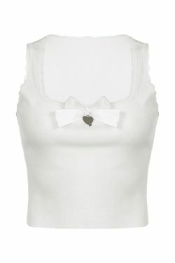 Lace Trim Bow White Tank Top - Y2K Aesthetic Coquette Grunge Pastel Goth