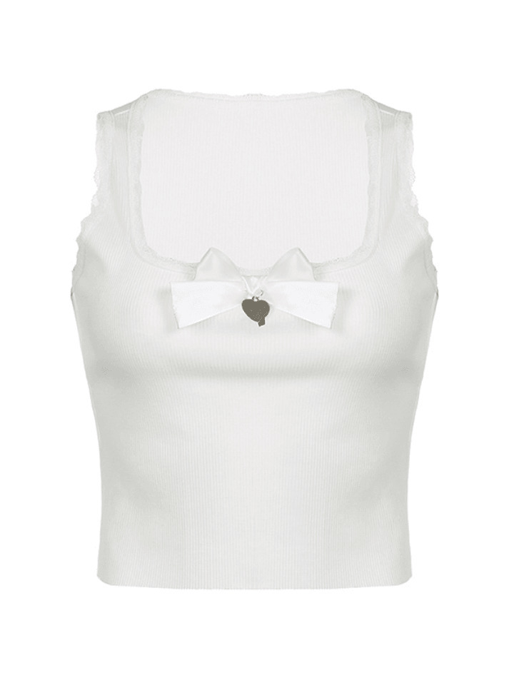 Lace Trim Bow White Tank Top - Y2K Aesthetic Coquette Grunge Pastel Goth Lace Trim Bow White Tank Top - Y2K Aesthetic Coquette Grunge Pastel Goth