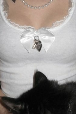 Lace Trim Bow White Tank Top - Y2K Aesthetic Coquette Grunge Pastel Goth