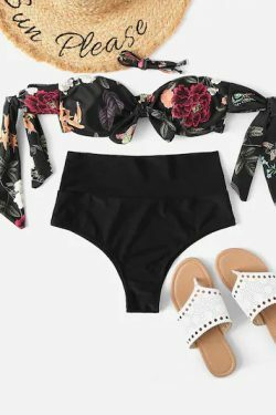 Leaf Print Bikini Set with Tie Shoulders - Y2K Fashion Swimwear for Women