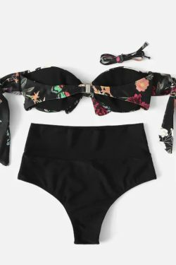Leaf Print Bikini Set with Tie Shoulders - Y2K Fashion Swimwear for Women