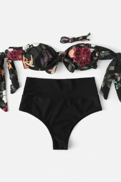 Leaf Print Bikini Set with Tie Shoulders - Y2K Fashion Swimwear for Women