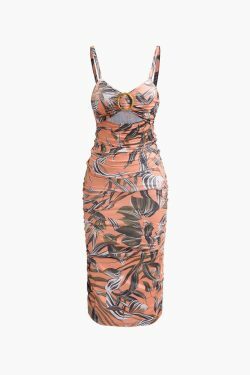 Leaves Print Cut Out Midi Dress - Y2K Fashion with Coquette Aesthetic and Grunge Style