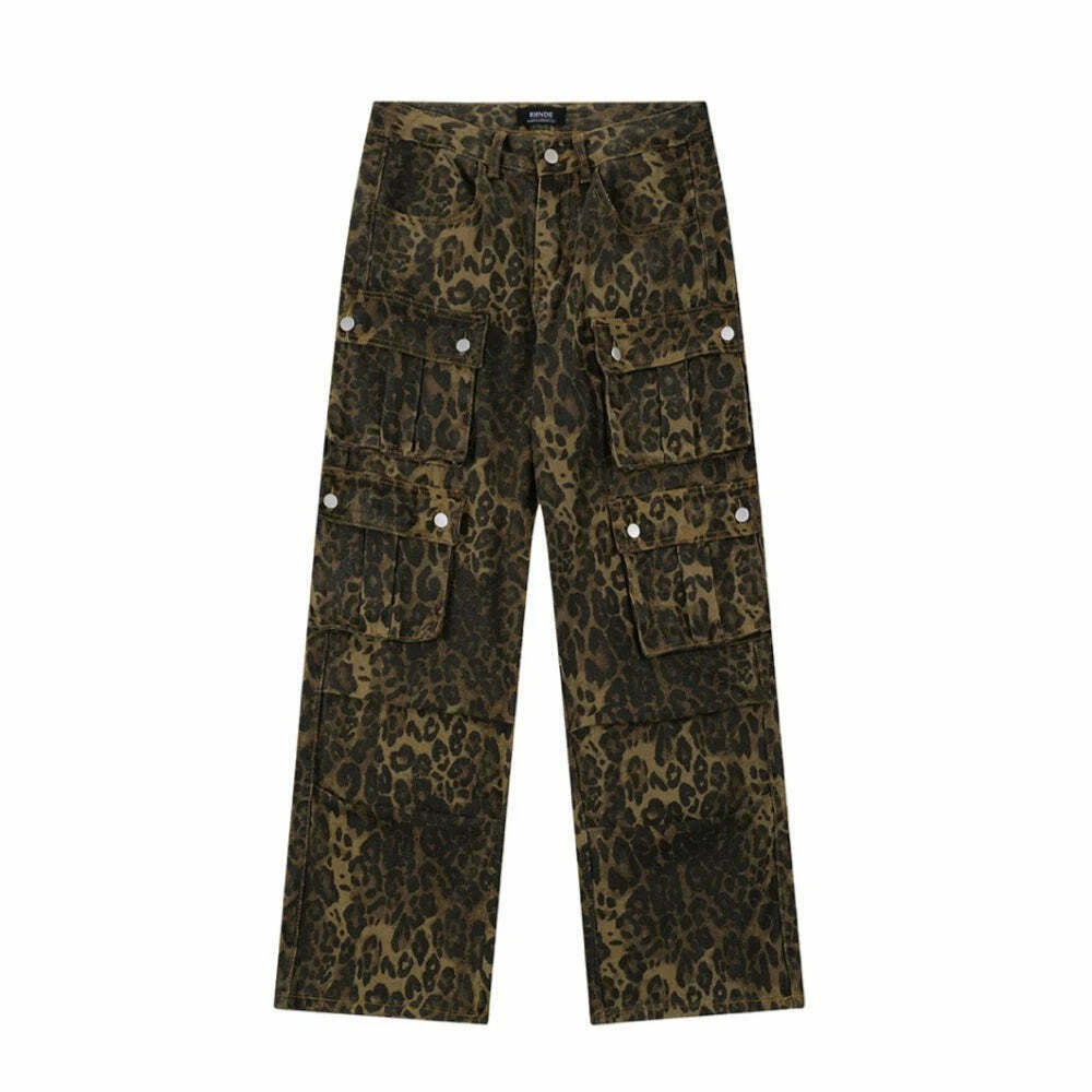 Leopard Print Cargo Jeans - Y2K Fashion Statement with Coquette Aesthetic and Grunge Style Leopard Print Cargo Jeans - Y2K Fashion Statement with Coquette Aesthetic and Grunge Style