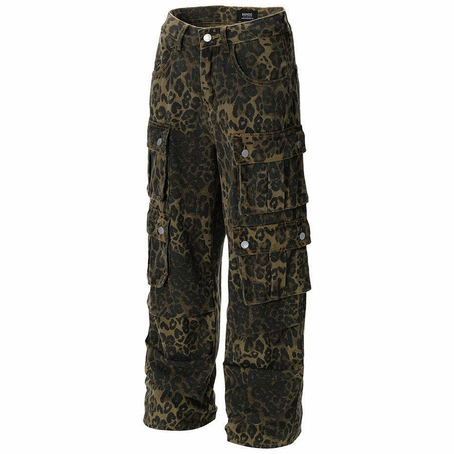 Leopard Print Cargo Jeans - Y2K Fashion Statement with Coquette Aesthetic and Grunge Style Leopard Print Cargo Jeans - Y2K Fashion Statement with Coquette Aesthetic and Grunge Style