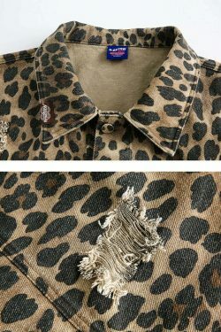 Leopard Print Distressed Western Jacket for Y2K Fashion Enthusiasts