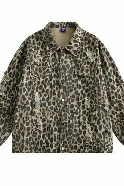 Leopard Print Distressed Western Jacket for Y2K Fashion Enthusiasts