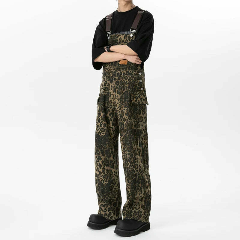Leopard Print Dungarees - Y2K Fashion Statement with Coquette Aesthetic and Grunge Style Leopard Print Dungarees - Y2K Fashion Statement with Coquette Aesthetic and Grunge Style