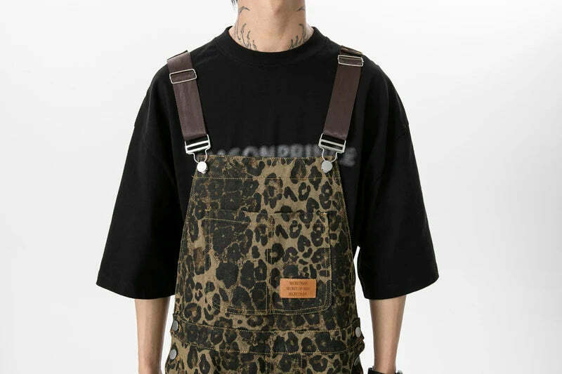 Leopard Print Dungarees - Y2K Fashion Statement with Coquette Aesthetic and Grunge Style Leopard Print Dungarees - Y2K Fashion Statement with Coquette Aesthetic and Grunge Style