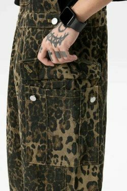 Leopard Print Dungarees - Y2K Fashion Statement with Coquette Aesthetic and Grunge Style