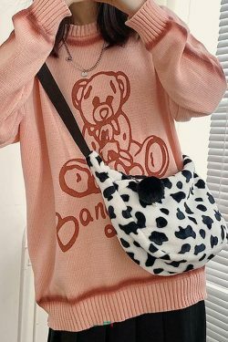 Leopard Print Fuzzy Shoulder Bag for Y2K Fashion Enthusiasts