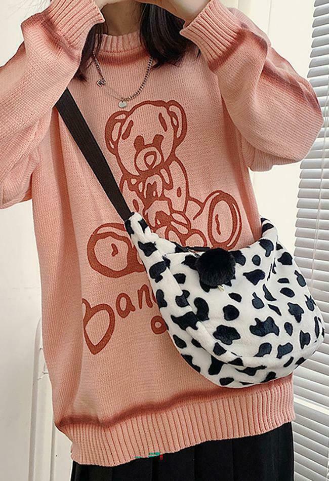 Leopard Print Fuzzy Shoulder Bag for Y2K Fashion Enthusiasts Leopard Print Fuzzy Shoulder Bag for Y2K Fashion Enthusiasts