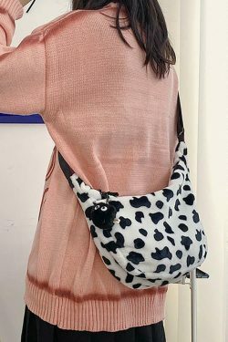 Leopard Print Fuzzy Shoulder Bag for Y2K Fashion Enthusiasts