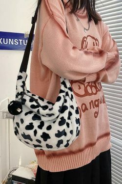Leopard Print Fuzzy Shoulder Bag for Y2K Fashion Enthusiasts
