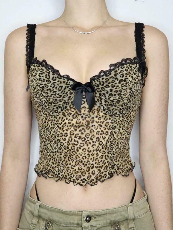 Leopard Print Lace Cami Top with Bow Detail - Y2K Fashion Aesthetic Leopard Print Lace Cami Top with Bow Detail - Y2K Fashion Aesthetic
