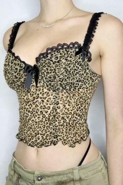 Leopard Print Lace Cami Top with Bow Detail - Y2K Fashion Aesthetic