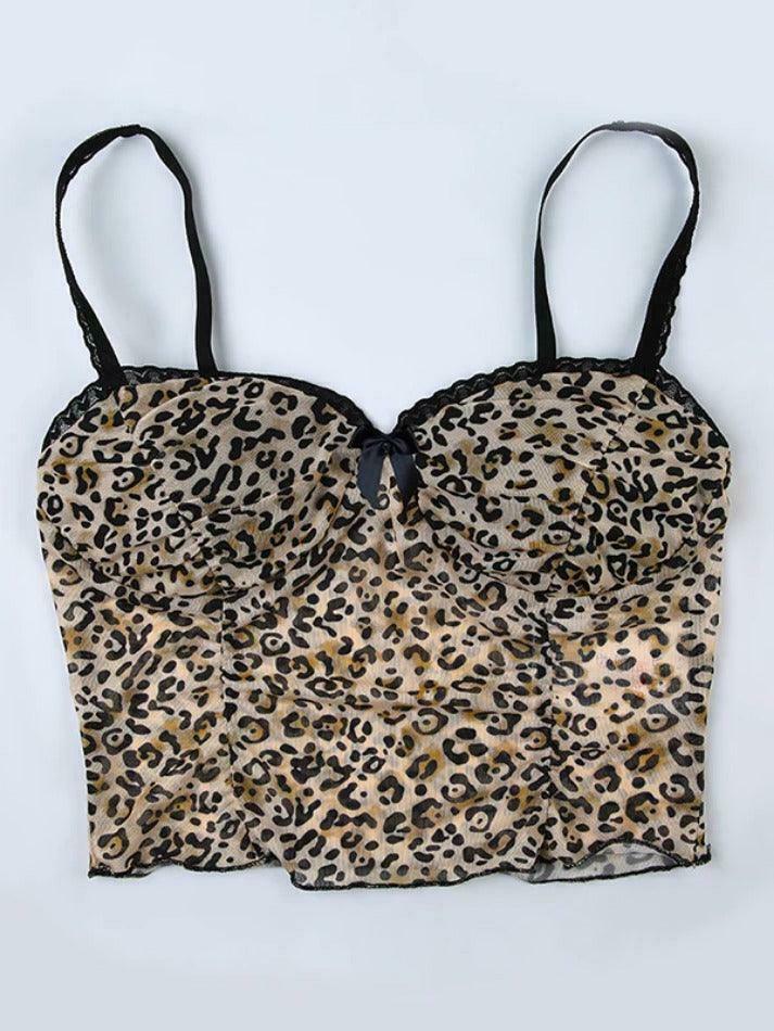 Leopard Print Lace Cami Top with Bow Detail - Y2K Fashion Aesthetic Leopard Print Lace Cami Top with Bow Detail - Y2K Fashion Aesthetic