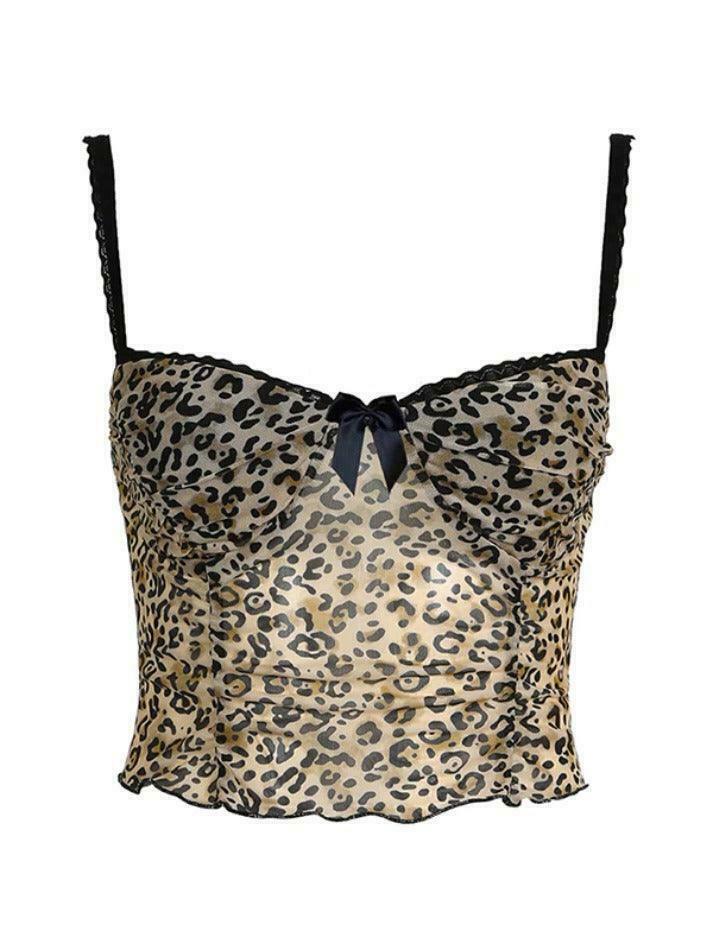 Leopard Print Lace Cami Top with Bow Detail - Y2K Fashion Aesthetic Leopard Print Lace Cami Top with Bow Detail - Y2K Fashion Aesthetic