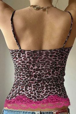 Leopard Print Lace Cami: Y2K Fashion Coquette Aesthetic Cute Tops Grunge Style Cargo Skirt